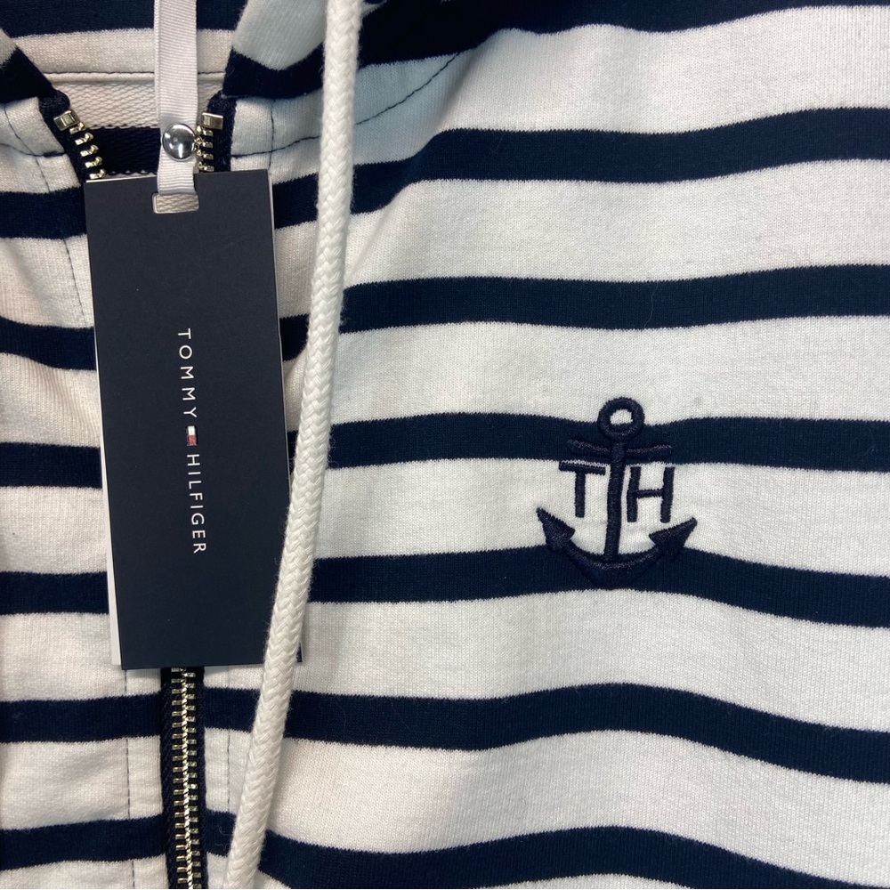 Tommy Hilfiger Nautical White Navy Stripped Zipper Front Hoddie - Picture 2 of 9